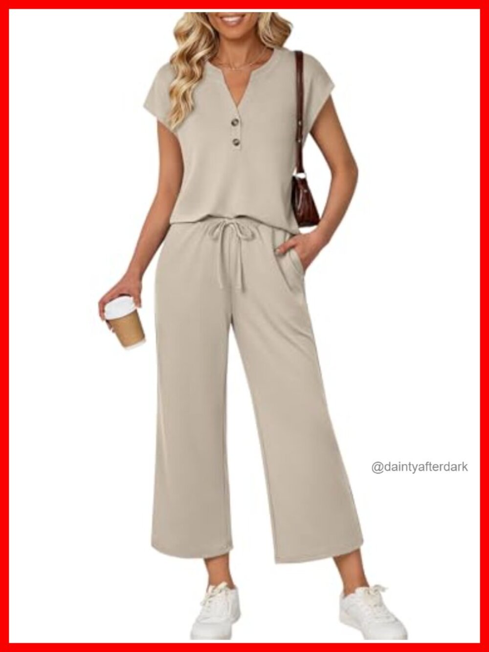 LILLUSORY 2 Piece Lounge Set V-Neck Henley Top & Wide Leg Pants